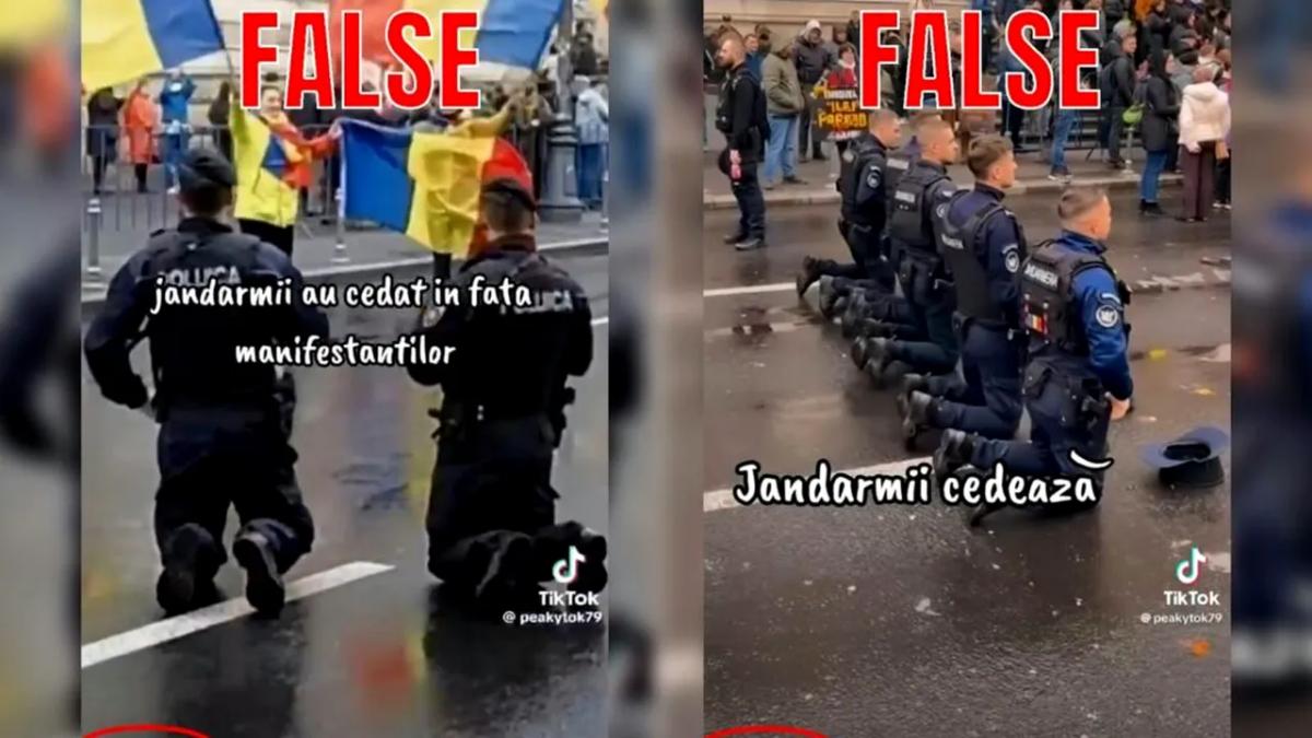 Jandarmeria Română demontează imagini false cu cadre militare îngenuncheiate în fața manifestanților