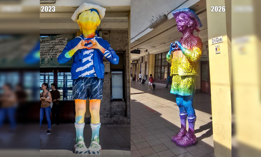 Război politic la Ploiești după ce statuia Domnului Goe a fost vopsită în culorile curcubeului